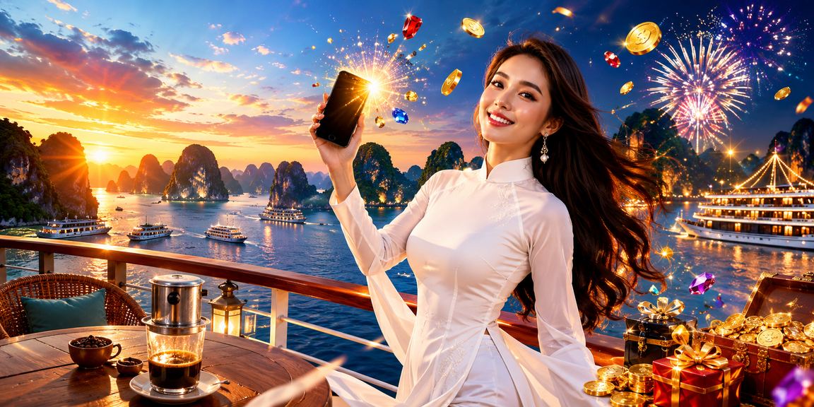 Người dùng chơi casino di động tại vịnh Hạ Long với áo dài truyền thống Việt Nam